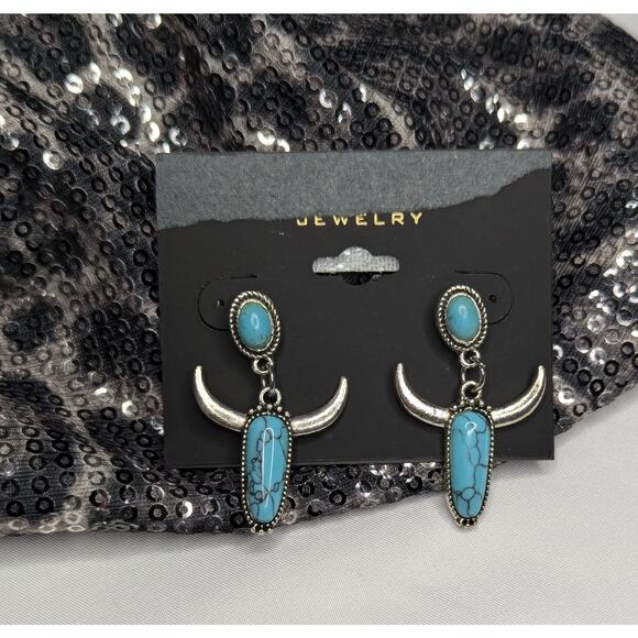 Turquoise Western Steer Bull Head Earrings - Picture 2 of 7